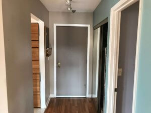 Photograph of my narrow entranceway looking back towards the brown front door. Dark brown narrow laminate flooring.