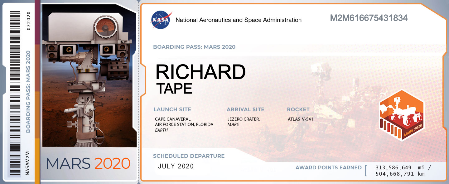 a fake aircraft-style boarding card with my name on it which NASA created to signify that my name will be on board Perseverance