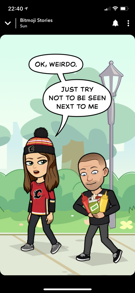 A snapchat bitmoji story cartoon with a female character wearing a Calgary Flames jersey and touque saying "OK, weirdo. Just try not to be seen next to me" as my bitmoji carries a bunch of condiments.